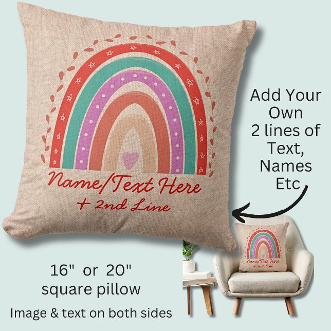 Change Text Add Name Boho Rainbow Heart Aqua Brown Cushion (Creator Uploaded)