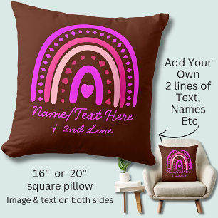 Change Text Add Name Boho Rainbow Heart Pink Brown Cushion