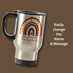 Change Text Add Name Boho Rainbow Heart Pink Brown Travel Mug