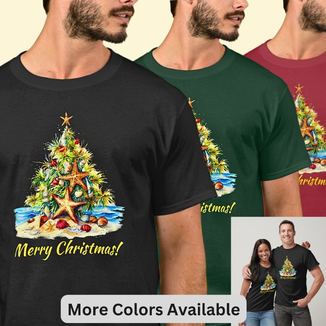 Change Text - Beach Starfish Shells Christmas Tree T-Shirt (Creator Uploaded)