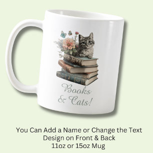 Change Text, Books & Cats, with Flowers, on Black Coffee Mug