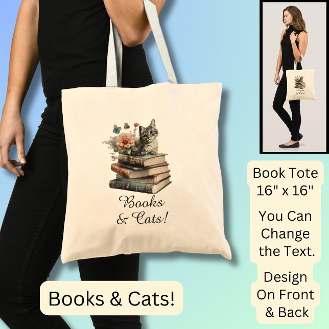 Change Text, Books & Cats, with Flowers, on Black Tote Bag (Creator Uploaded)