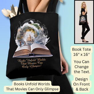Change Text, Books Unfold Worlds Movies Glimpse Tote Bag