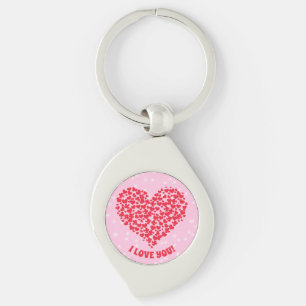 Change Text I LOVE YOU Red Heart White Stars Pink Key Ring