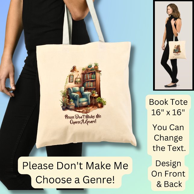 Change Text, Please Don't Make Me Choose a Genre!  Tote Bag (Creator Uploaded)