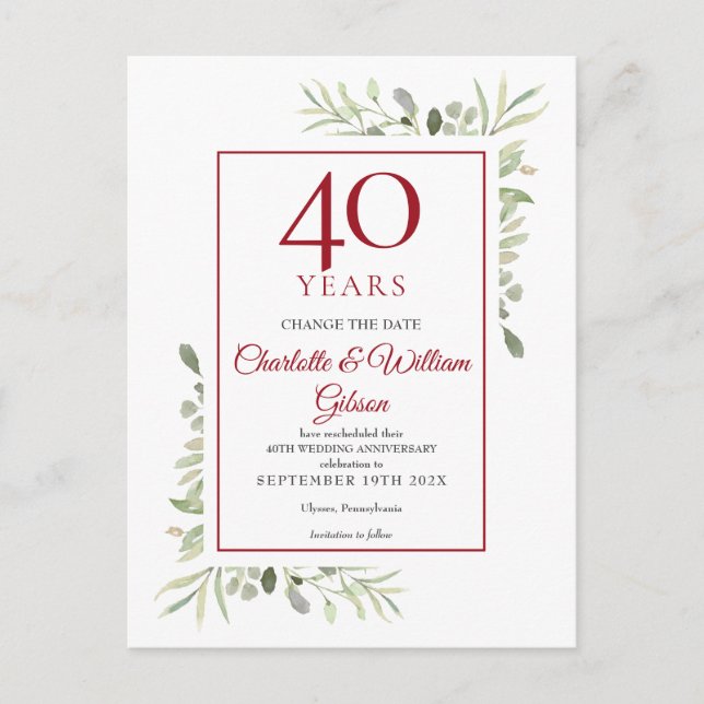 Change the Date 40th Wedding Anniversary Greenery  Announcement Postcard (Front)