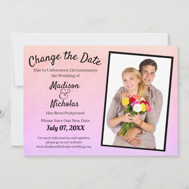 Change the Date Add Photo Wedding Pink Parchment Save The Date (Front)