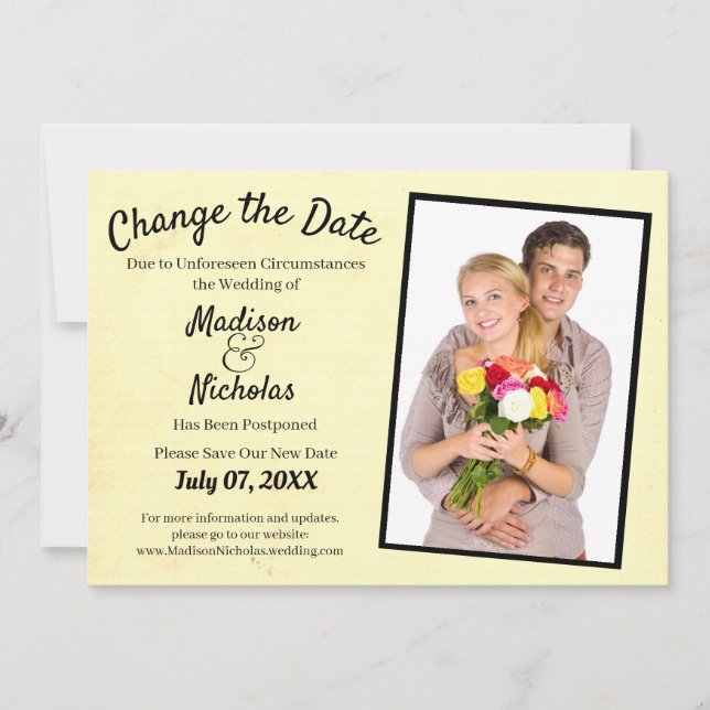 Change the Date Add Photo Wedding Yellow Parchment Save The Date (Front)