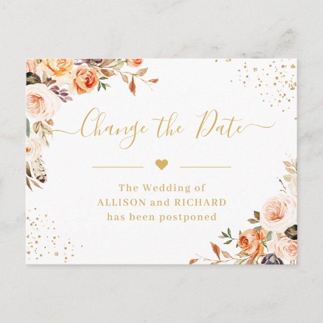 Change the Date Autumn Gold Floral Postponed Postcard (Front)