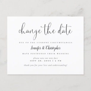 Change The Date B&W Script Wedding Postponement Invitation Postcard