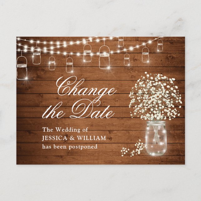 Change the Date Baby's Breath Mason Jar Wedding Postcard (Front)