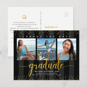 Change the date black gold graduation photo modern invitation postcard