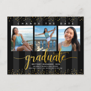 Change the date black gold graduation photo modern invitation postcard