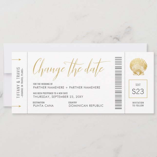 Change the Date Boarding Pass Gold Seashell Save The Date (Front)
