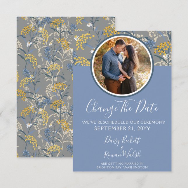 Change The Date Botanical Daisy Reschedule Wedding Invitation (Front/Back)