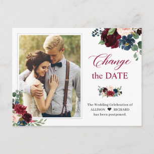 Change the Date Burgundy Blush Navy Floral Photo Postcard