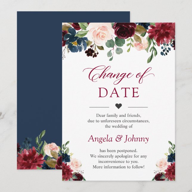 Change the Date Chic Burgundy Navy Blue Flowers Invitation (Front/Back)