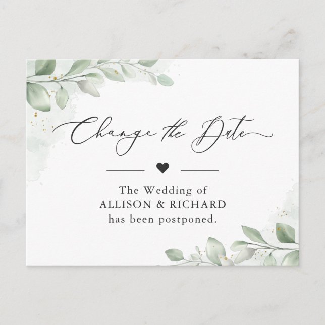 Change the Date Chic Greenery Eucalyptus Postponed Postcard (Front)