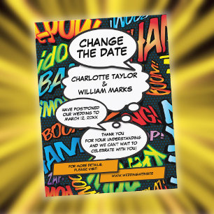 Change the Date Comic Book Wedding Postponement Announcement Postcard