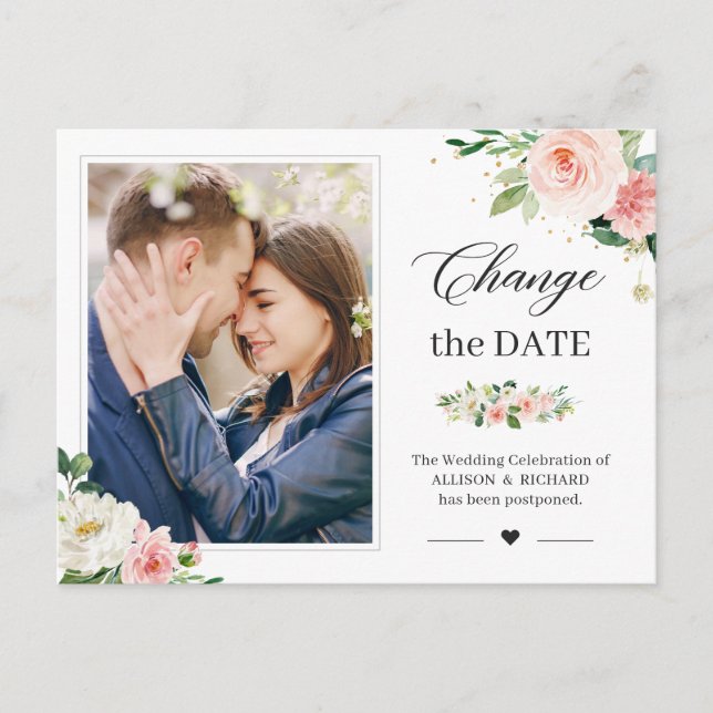 Change the Date Elegant Blush Pink Floral Photo Postcard (Front)