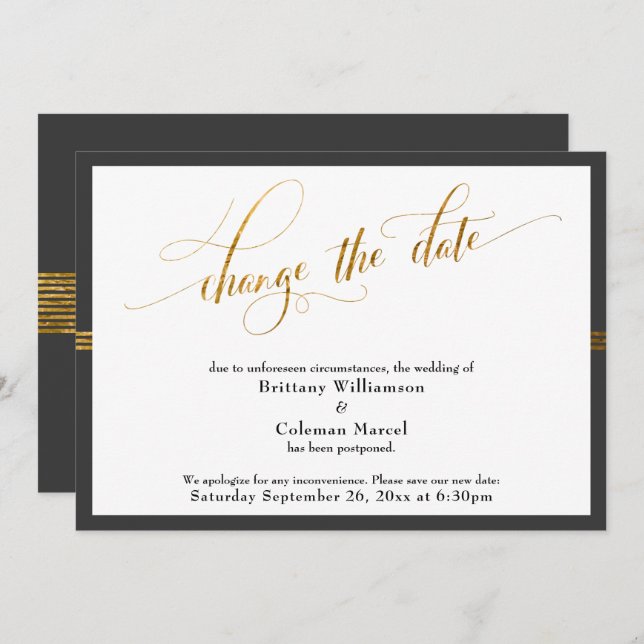 Change the Date Elegant Dark Grey Gold Stripe Card (Front/Back)