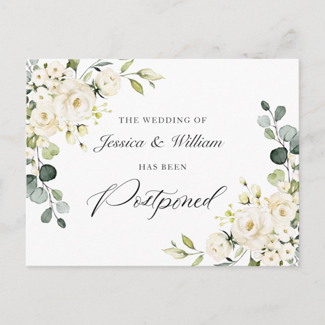 Change the Date Elegant Eucalyptus White Roses Postcard (Front)