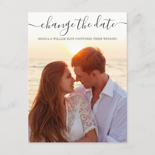 Change the Date Elegant Postponement PHOTO Wedding Postcard (Front)