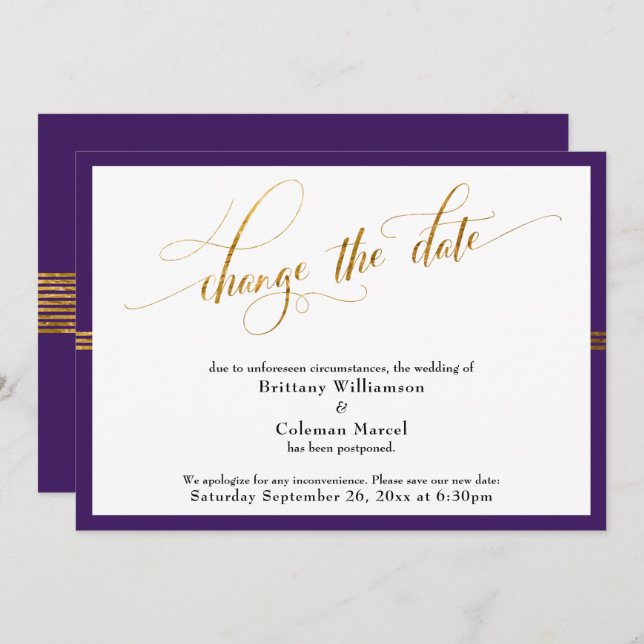 Change the Date Elegant Purple w/ Gold Stripe Card (Front/Back)