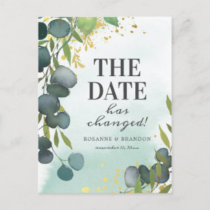 Change the Date Eucalyptus Wedding Update Announcement Postcard