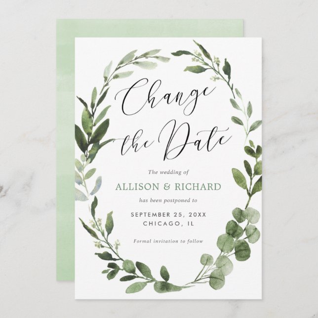 Change the date Eucalyptus wreath greenery simple Invitation (Front/Back)