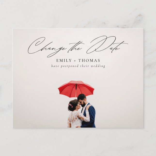 Change The Date Full Photo Wedding Postponement Announcement Postcard (Front)