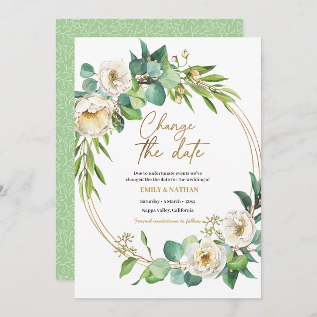 Change the date Gold and White floral Invitation (Front/Back)