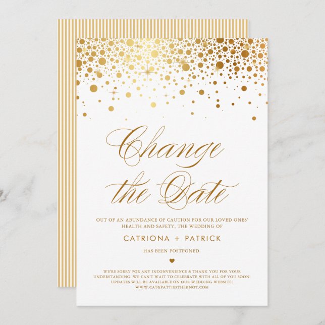 Change the Date Gold Foil Confetti Postponed Invitation (Front/Back)