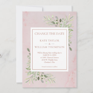 Change the Date Greenery Leaves Rose Gold Marble Save The Date