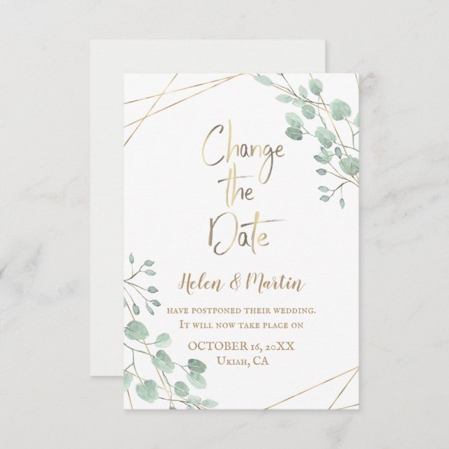 Change the date greenery watercolor gold frame invitation (Front/Back)