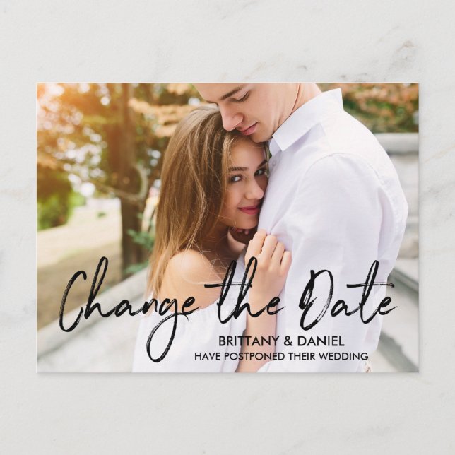 Change The Date Handwritten Brush Script Photo Postcard (Front)