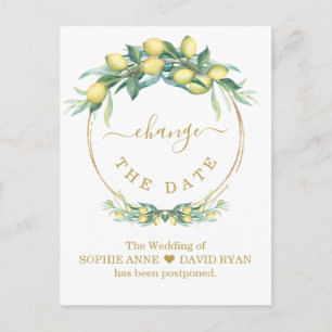 Change The Date Lemon Gold Wedding Postponed Postcard