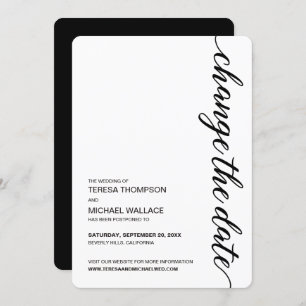  "Change the Date" Minimalist Black and White Wedd Invitation