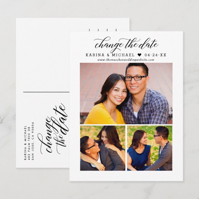 Change the Date Modern Black Script Photo Collage Announcement Postcard (Front/Back)