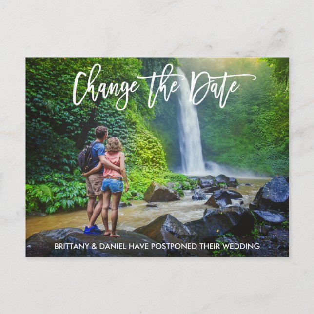Change The Date Modern Brush Script Photo Postcard (Front)