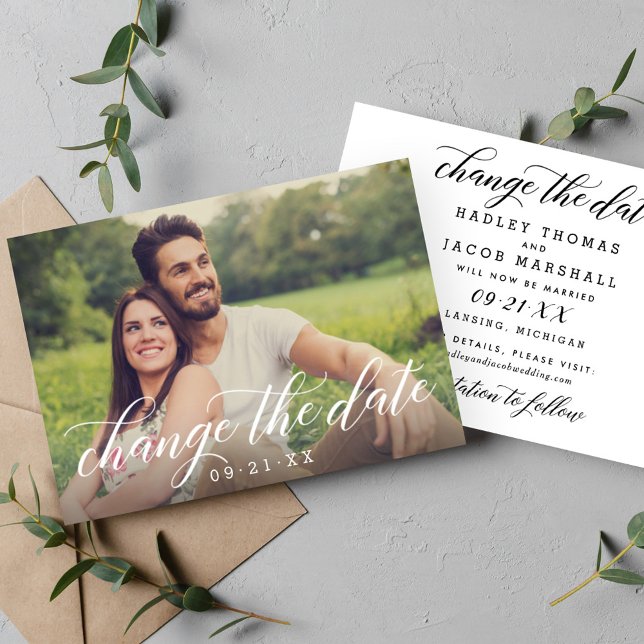 Change the Date Modern Calligraphy Wedding Photo Save The Date (Creator Uploaded)