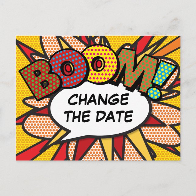 Change The Date Modern Fun Comic Book Announcement Postcard (Front)