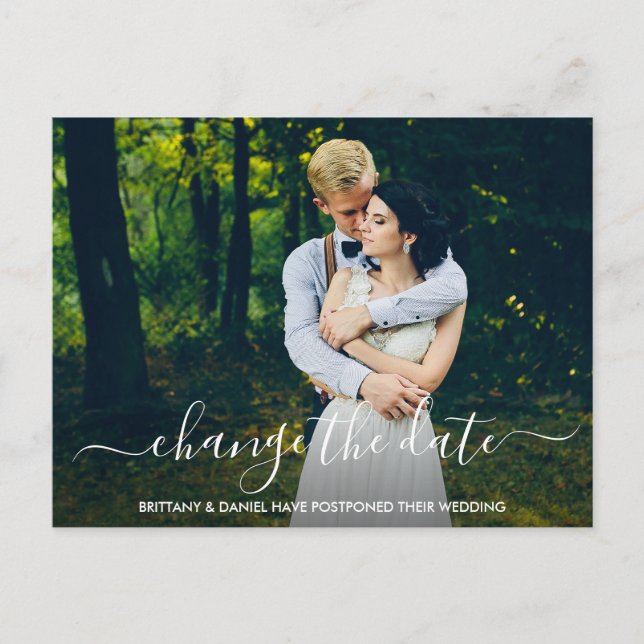 Change The Date Modern Trendy Script Photo Postcard (Front)