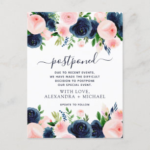 Change the Date Navy Blue Blush Pink Floral Announcement Postcard