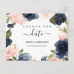 Change the Date Navy Blush Floral Postponed Postcard