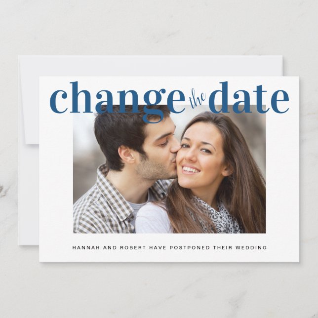 Change the Date Photo Classic Blue Modern Wedding Announcement (Front)