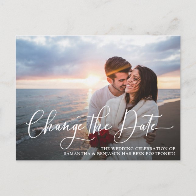 Change The Date Photo Wedding Postponement Postcard (Front)