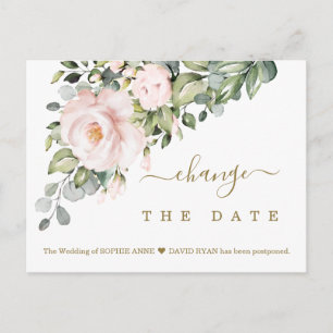 Change The Date Pink Blush Flowers Wedding Postcard