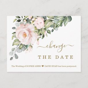 Change The Date Pink Flowers Wedding Postcard