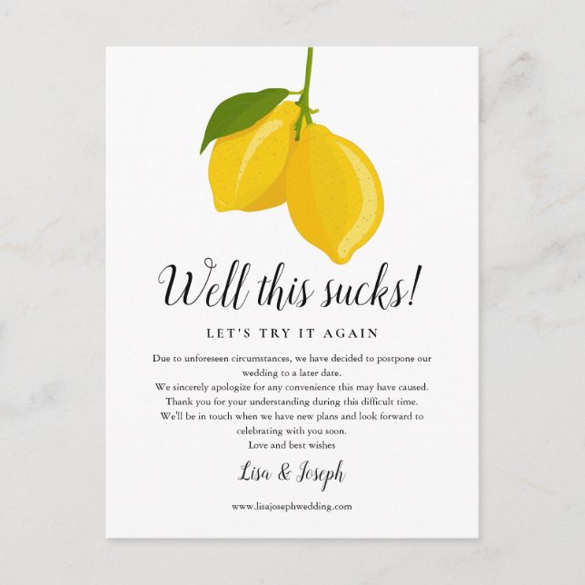 Change the Date Postponed Cancelled Lemons Photo Announcement Postcard (Front)